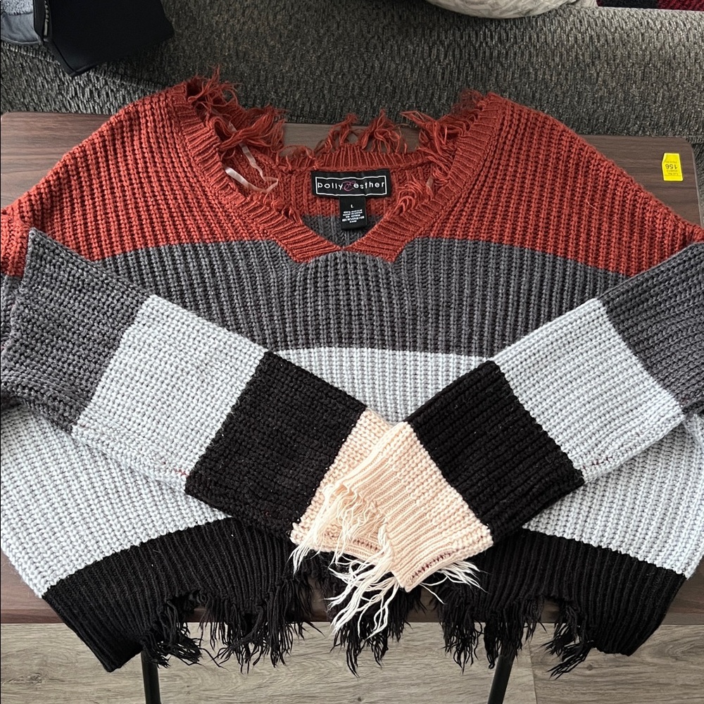 Polly & Esther Rust, Gray, Black & Cream Colorblock Fringe V-Neck Sweater